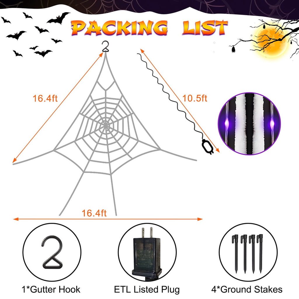 Witchwood™ HKKDKTA Halloween Spider Web Lights Decoration, 250 LED Giant Spider Web 16.4ft Light Up Halloween Web Lights for Yard, Porch Decor (Purple)