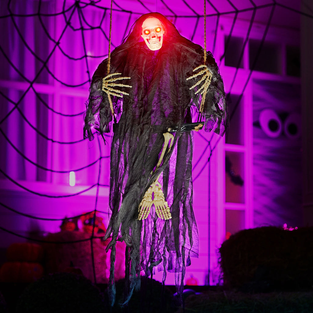 Witchwood™ 3 FT Halloween Hanging Swinging Skeleton,Light Up Creepy Grim Reaper with Black Hood Decorations for Halloween Hanging Decorations Indoor Outdoor Yard Home Decorations