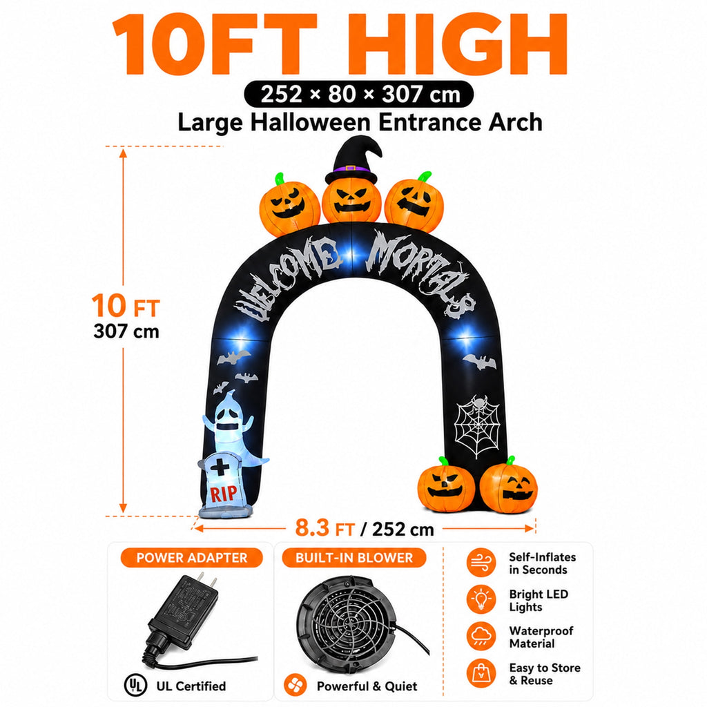 Witchwood™ 10FT Halloween Inflatable Arch for Outdoor Decor, LED Lighted Scary Archway with Ghost & Pumpkin, Blow Up Yard Decoration for Haunted Party Graveyard