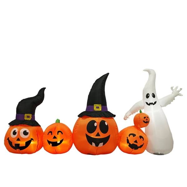 Witchwood™ 8FT Halloween Inflatable Pumpkin Ghost Scene, 5 Total LEDs, Waterproof Polyester, Quick Inflation with Stakes/Ropes for Yard/Garden/Indoor