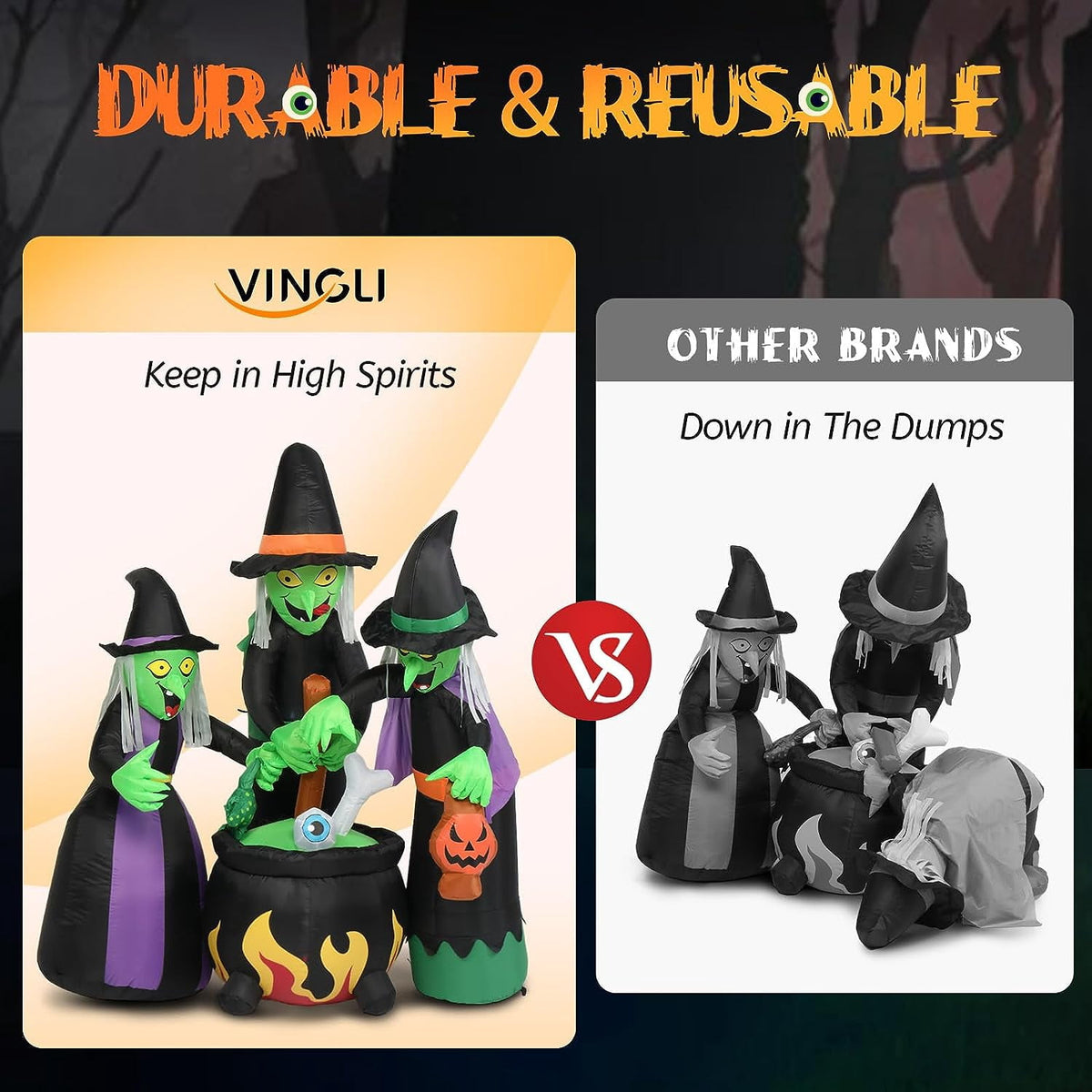 Witchwood™ VINGLI 6FT High Halloween Inflatables Outdoor Decorations, Blow Up Scary 3 Witches Halloween Yard Decorations, Built-in LED Lights Décor for Indoor Home Party Garden Lawn Store