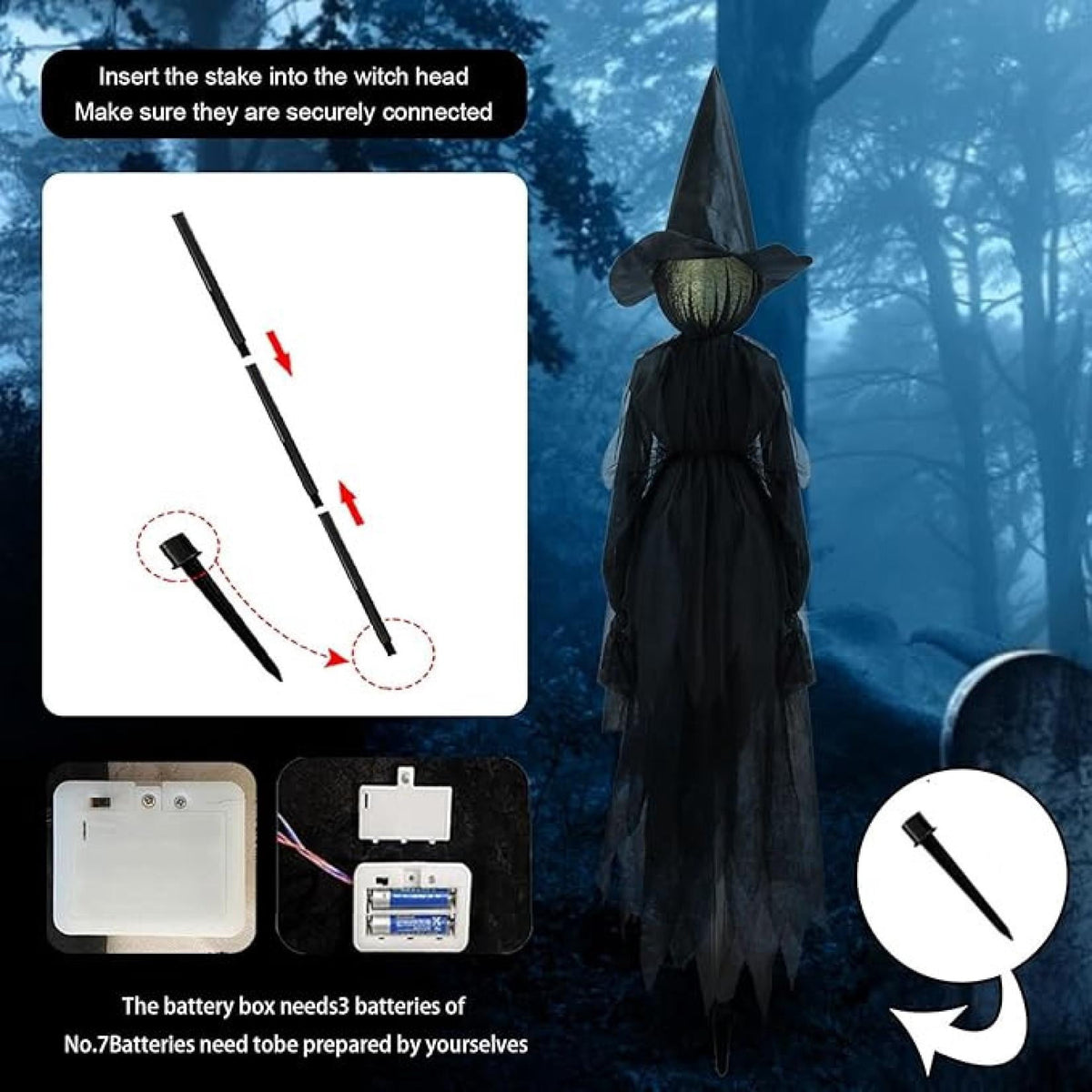 Witchwood™ Life-Size Light-Up Screaming Witches Halloween Decor - Outdoor LED Animated Witch with 7 Color Changing Lights & Sound Activation, Scary Yard Decoration