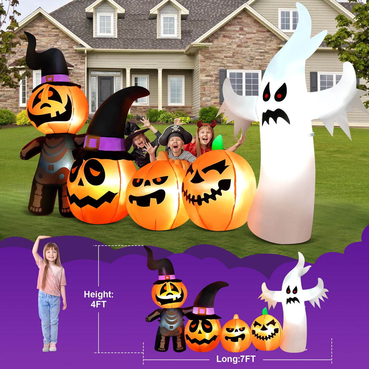 Witchwood™ Vrilay Halloween Inflatables, 7 FT Long 4 Pumpkins with Cute White Ghost Outdoor Decorations, Built-in LEDs, Blow Up Party, Waterproof Yard, Garden, Lawn Decor