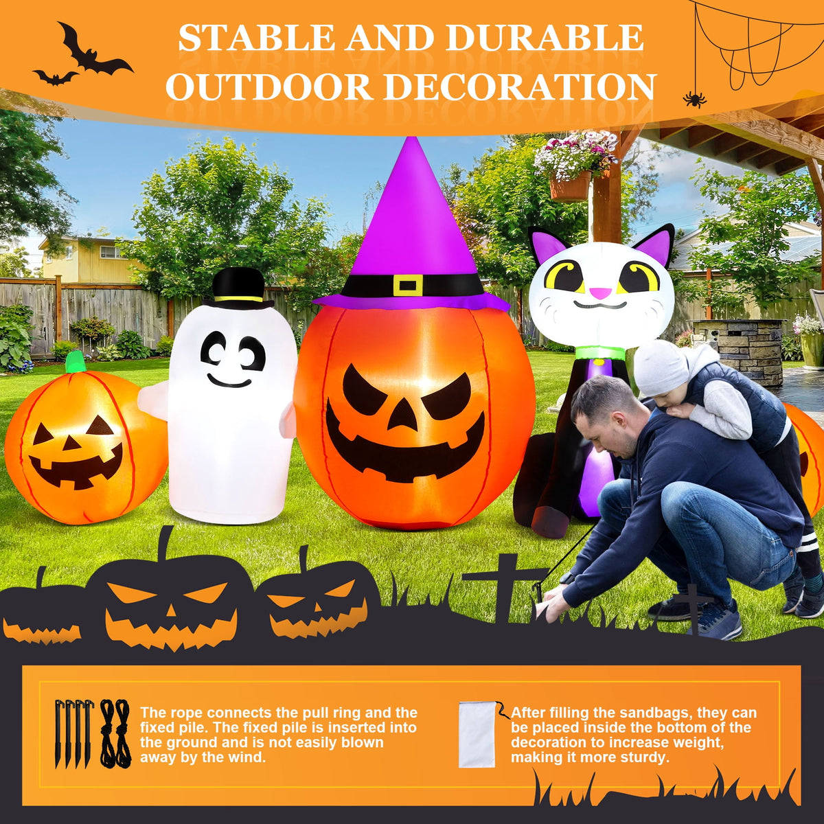 Witchwood™ 8ft Halloween Inflatable Pumpkins Outdoor Decor with Black Cat and Spectre,Built-in LED Lights,for Halloween Party,Yard,Garden,Lawn