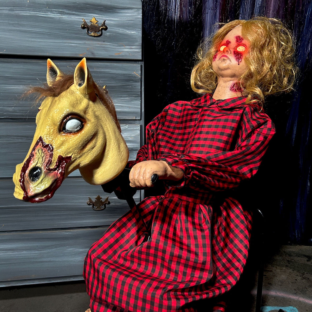 Witchwood™ 3.2 ft Voice & Sound-Sensor Rocking Horse Girl Halloween Animatronic, HHRCKHRSGRL-1FLSA