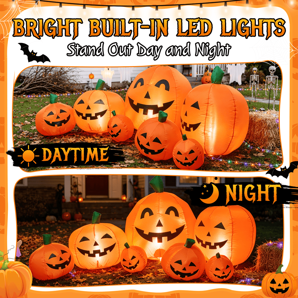 Witchwood™ 7.5 FT Long Halloween Inflatables Pumpkin Family Lighted,7 Pumpkins Blow Up Yard Decoration, Built-in LEDs, Stakes & Tethers Included for Outdoor Lawn Garden Halloween Decor