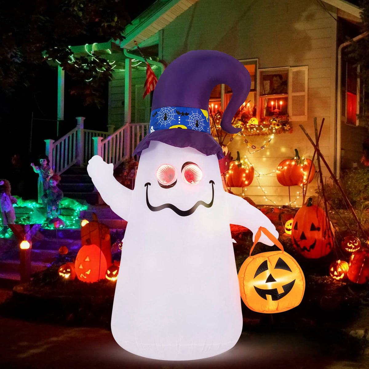 Witchwood™ Costway 6 Ft Halloween Inflatables Cute Ghost with Jack-O-Lantern & Witch Hat