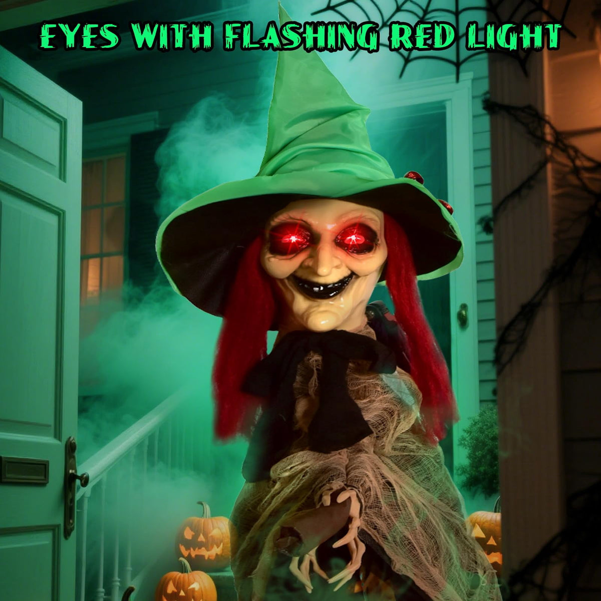 Witchwood™ Halloween LED Light-Up Flying Witch on Broomstick, Realistic Sound & Motion, Scary Animated Decoration with Kicking Legs for Yard, Party, Haunted House Green