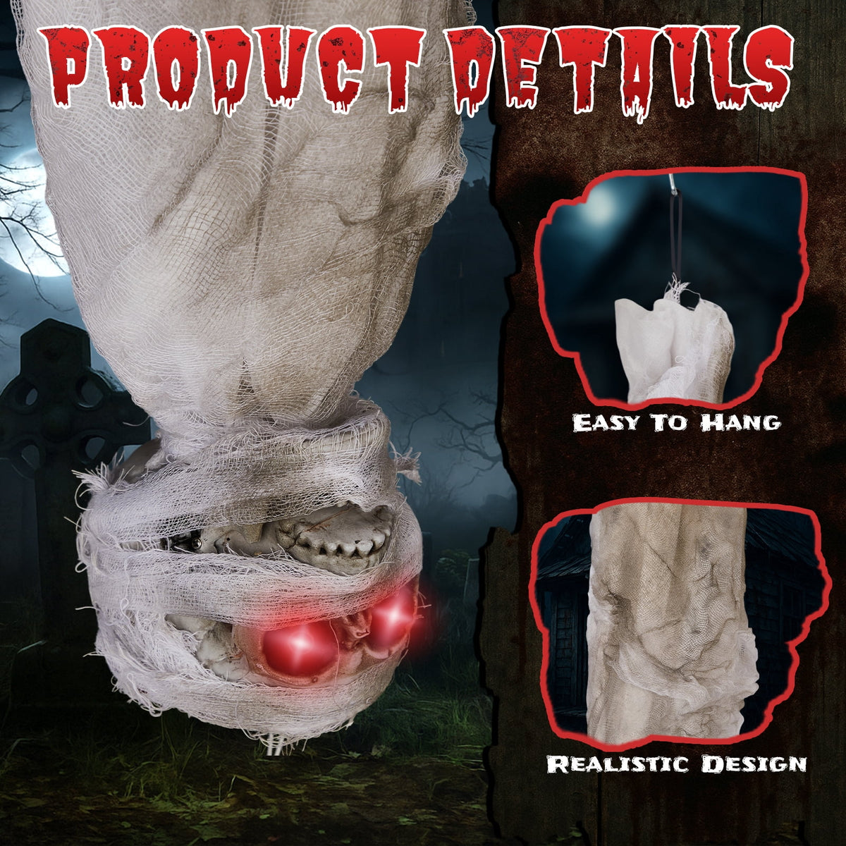 Witchwood™ 3ft Hanging Zombie Animated Halloween Decoration Creepy Mummy Halloween w/ Pre-Recorded Screaming, LED Eyes