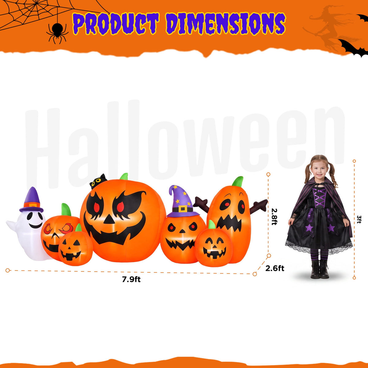 Witchwood™ 7.9FT Halloween Inflatable Pumpkin Ghost with Lights, Halloween Blow Ups Outdoor Decoration for Home Party