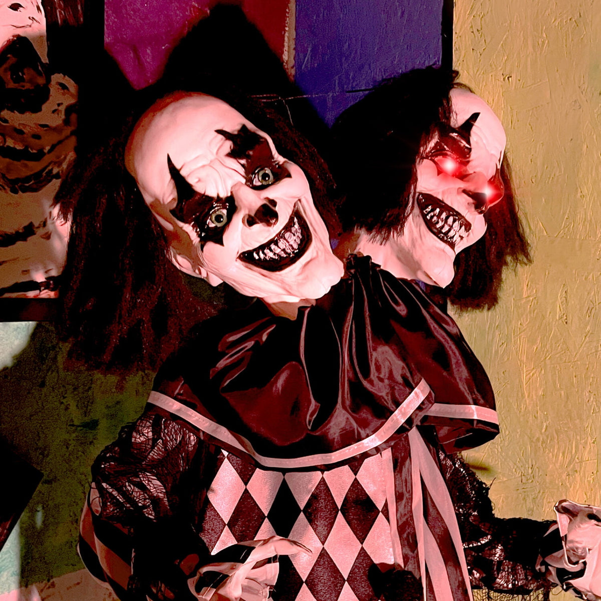 Witchwood™ Lifesize 5.5 ft Animatronic Two-Headed Clown with Lights and Sound, Indoor/Outdoor Halloween Decoration, HHCLOWN-37FLSA