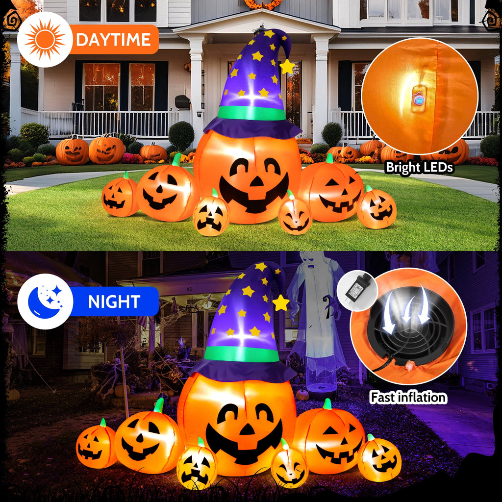 Witchwood™ 8.7ft Halloween Inflatables Pumpkins 7 Blow Up Decor with Witches Hat, Built-in LED Lights for Halloween Party, Yard, Garden, Lawn