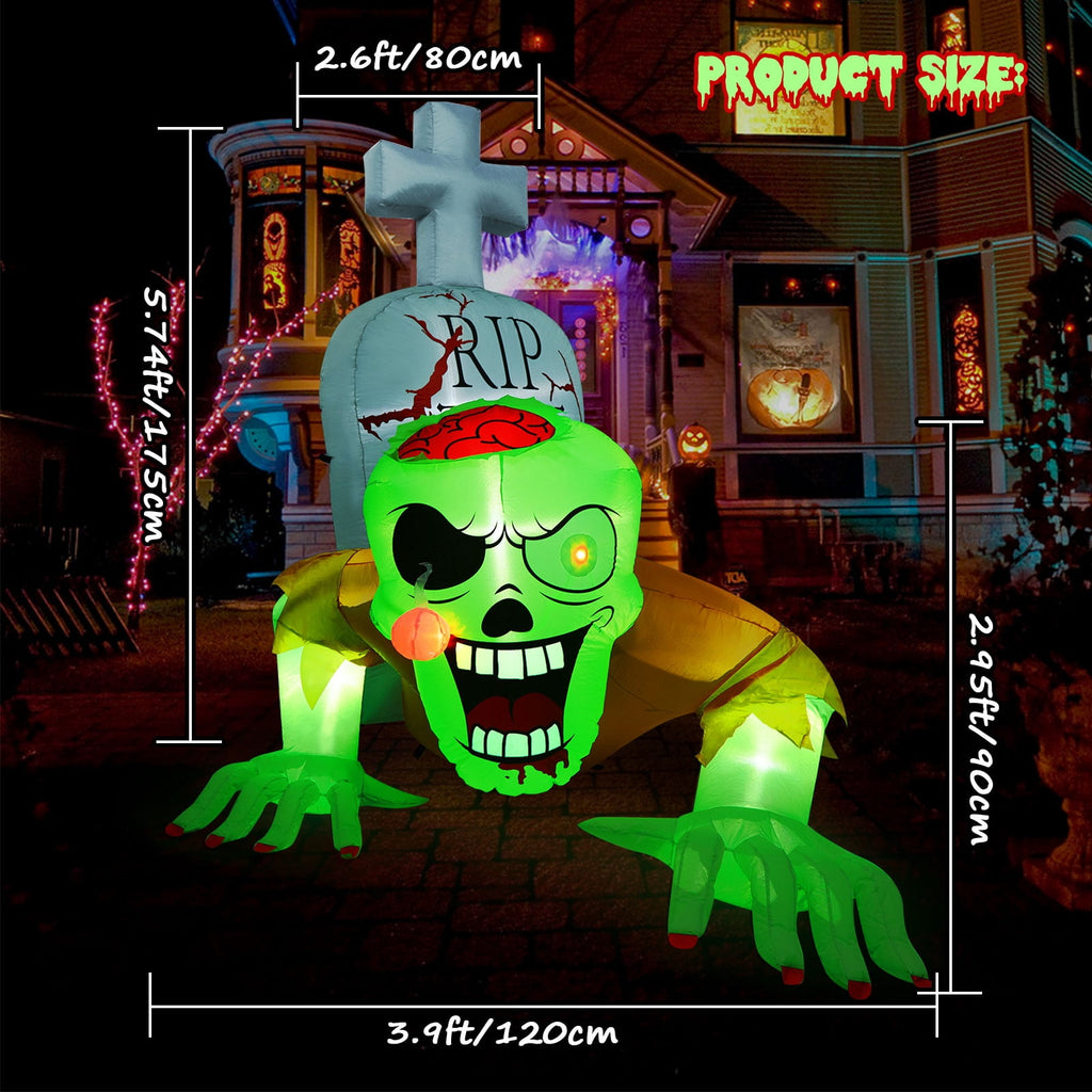 Witchwood™ 5.7FT Inflatable Halloween Inflatable Crawling Green Ghost with Tombstone Built-in LED Lights Inflatable LED Lights Blow Up Yard Decoration