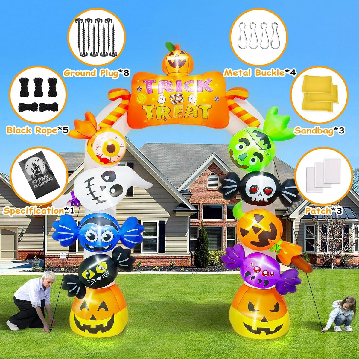 Witchwood™ 10FT Inflatable Candy Ghost Pumpkin Archway with Built-in Lights ? Giant Outdoor Yard & Garden Decoration for Halloween, Indoor/Outdoor Use