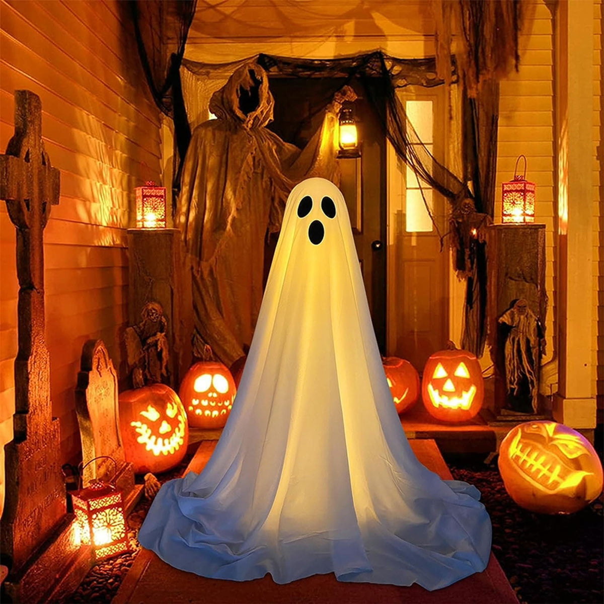 Witchwood™ Halloween Ghost Decorations 8ft Tall Glowing White Fabric Ghost with Light Stand for Front Porch Yard Indoor Outdoor Spooky Party Decor