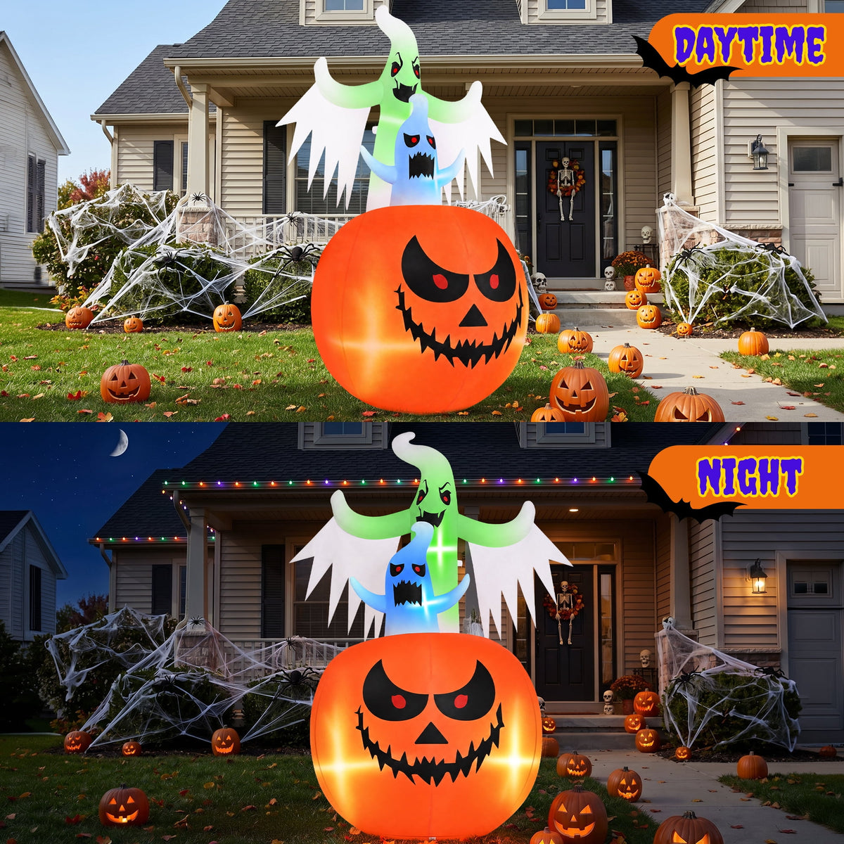 Witchwood™ (2 pack) 6ft Tall Halloween Inflatable,Ghosts Pumpkin with Colorful Flashing Lights,Blow ups Halloween Outdoor Decorations