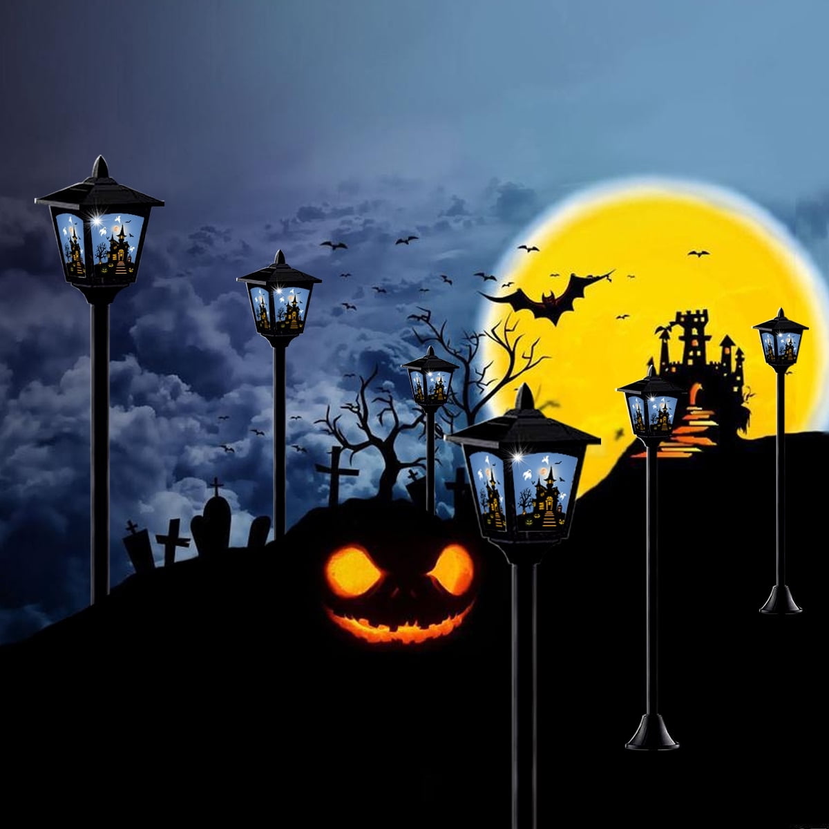 Witchwood™ 2-Pack Haunted House Solar Post Lights - Spooky Halloween Decoration with Eerie Glow, 40" Rust-Proof Stake, Auto On/Off for Outdoor Yard