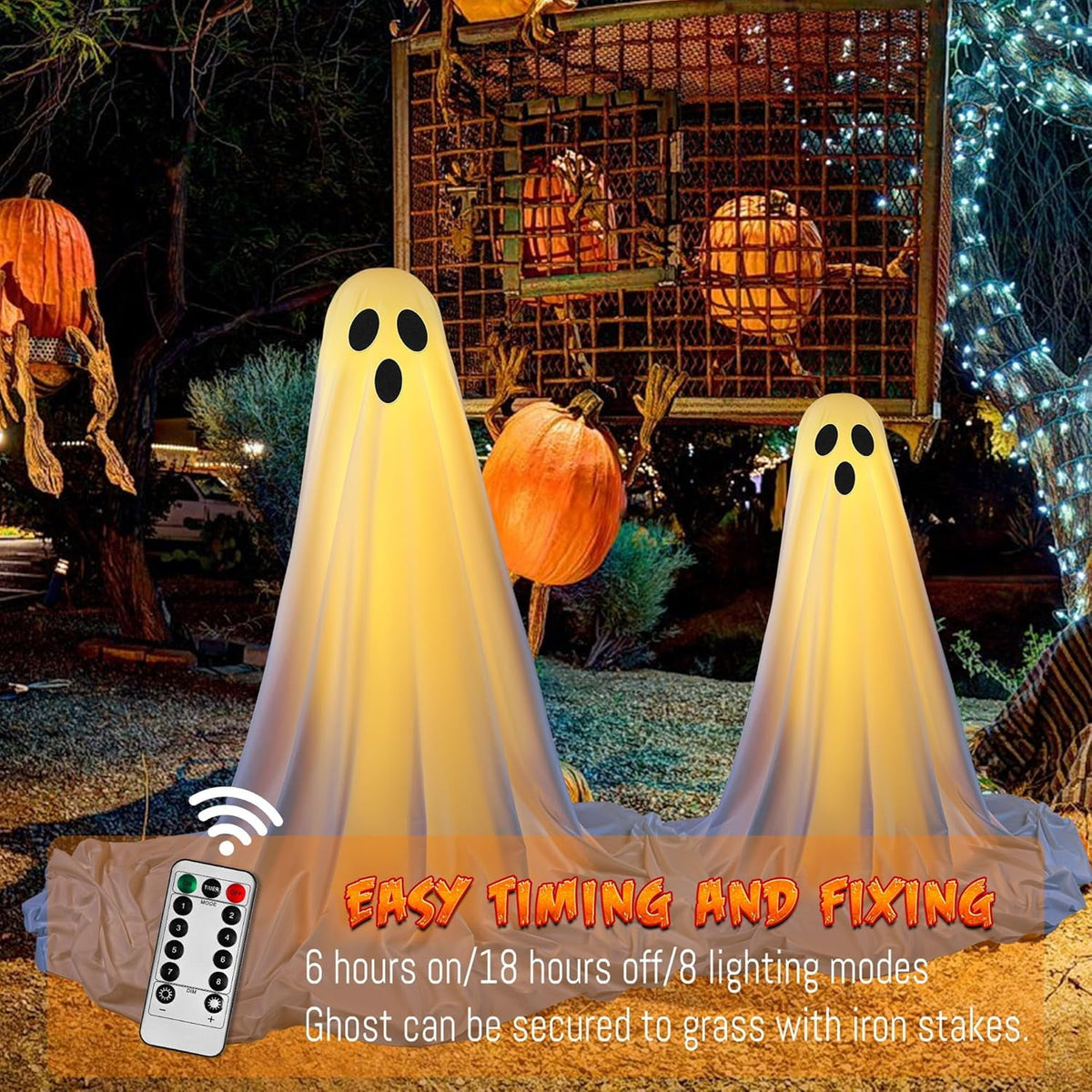 Witchwood™ Halloween Decorations Outdoor Indoor Halloween Party Decorations Indoor,Spooky Ghost Decor with String Lights,Halloween Ghost Lights for Porches Yards Gardens Lawn 2 Pack