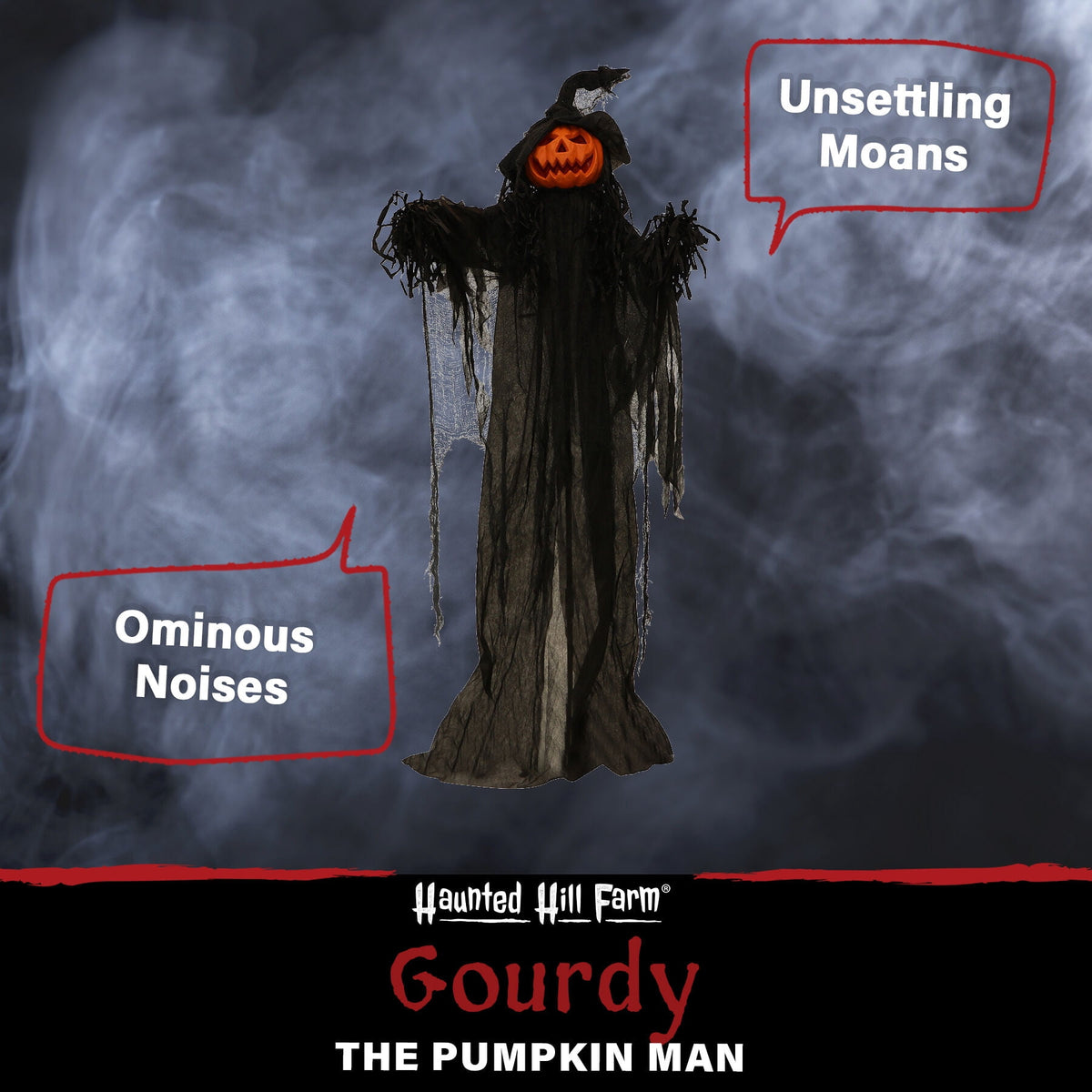 Witchwood™ 5.6-ft. Animatronic Pumpkin, Indoor/Outdoor Halloween Decoration, Multicolor LED Eyes, Poseable, Gourdy