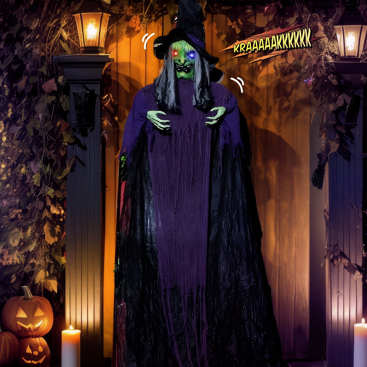 Witchwood™ 12FT Halloween Animatronic Witch Standing Outdoor Halloween Decoration w/ Green Eyes,Scary Sounds