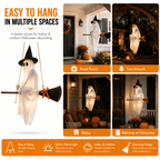 Witchwood™ LIGHTED HANGING GHOST WITCH HALLOWEEN DECORATION Floating White Ghost With Black Witch Hat Rustic Broom And Orange Bow Warm Glow
