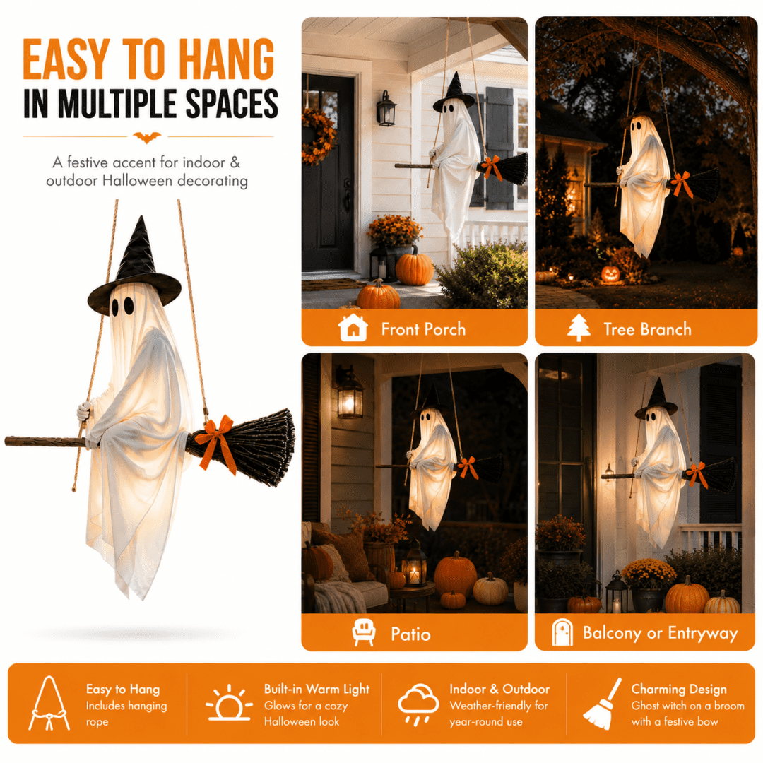Witchwood™ LIGHTED HANGING GHOST WITCH HALLOWEEN DECORATION Floating White Ghost With Black Witch Hat Rustic Broom And Orange Bow Warm Glow