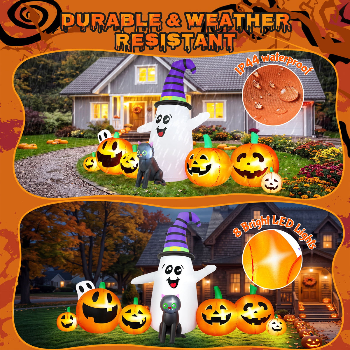 Witchwood™ 8 FT Long Halloween Inflatable Ghost with Witch Hat, 6 Pumpkins Halloween Blow Ups with Black Cat for Halloween Party Outdoor Yard Garden Lawn Decor