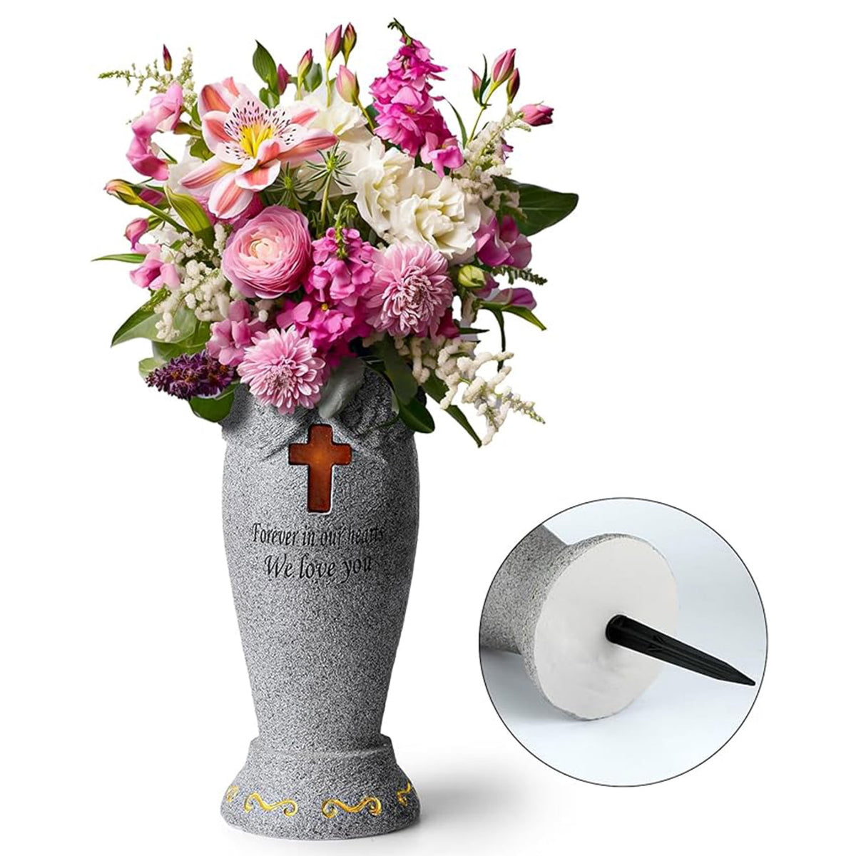 Witchwood™ Fridja Cemetery Grave Flower Vase with Cross Solar Light Cemetery Decorations for Grave, Angel Vases with Spikes Grave Markers Decor for Cemetery for Humans or Pet, Garden Memorial Gifts for Loved One