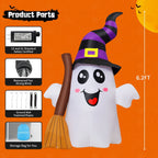 Witchwood™ Halloween Inflatables 6 FT Halloween Ghost Inflatable Grasping Broom with LED Lights, Blow up Ghost Cute Inflatable Ghost, Outdoor Halloween Decorations for Holiday Party Indoor Outdoor