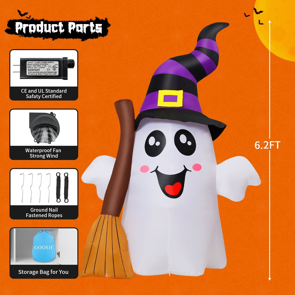 Witchwood™ Halloween Inflatables 6 FT Halloween Ghost Inflatable Grasping Broom with LED Lights, Blow up Ghost Cute Inflatable Ghost, Outdoor Halloween Decorations for Holiday Party Indoor Outdoor