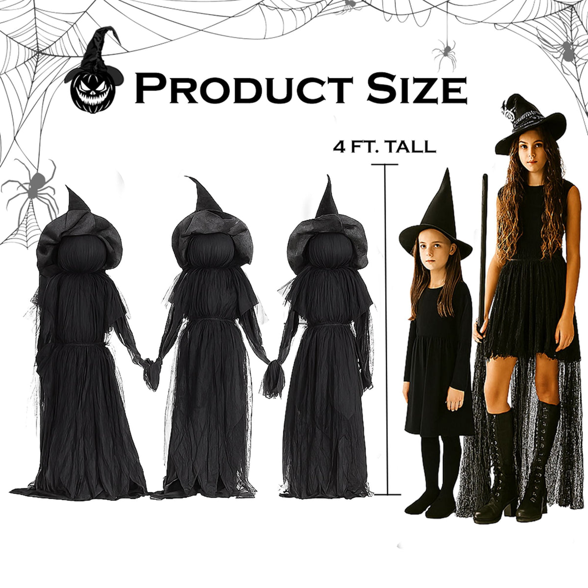 Witchwood™ Evergreen Set of 3 LED Lighted Halloween Witch Stakes, 4' Tall for Garden Lawn or Patio