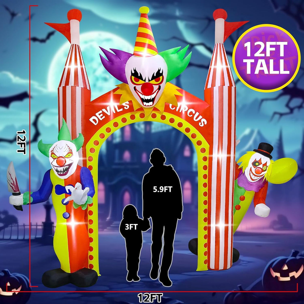 Witchwood™ 12FT Giant Clown Inflatable Archway with Built-in Lights ? Scary Outdoor Yard Decorations for Garden, Lawn, and Indoor Halloween Decor