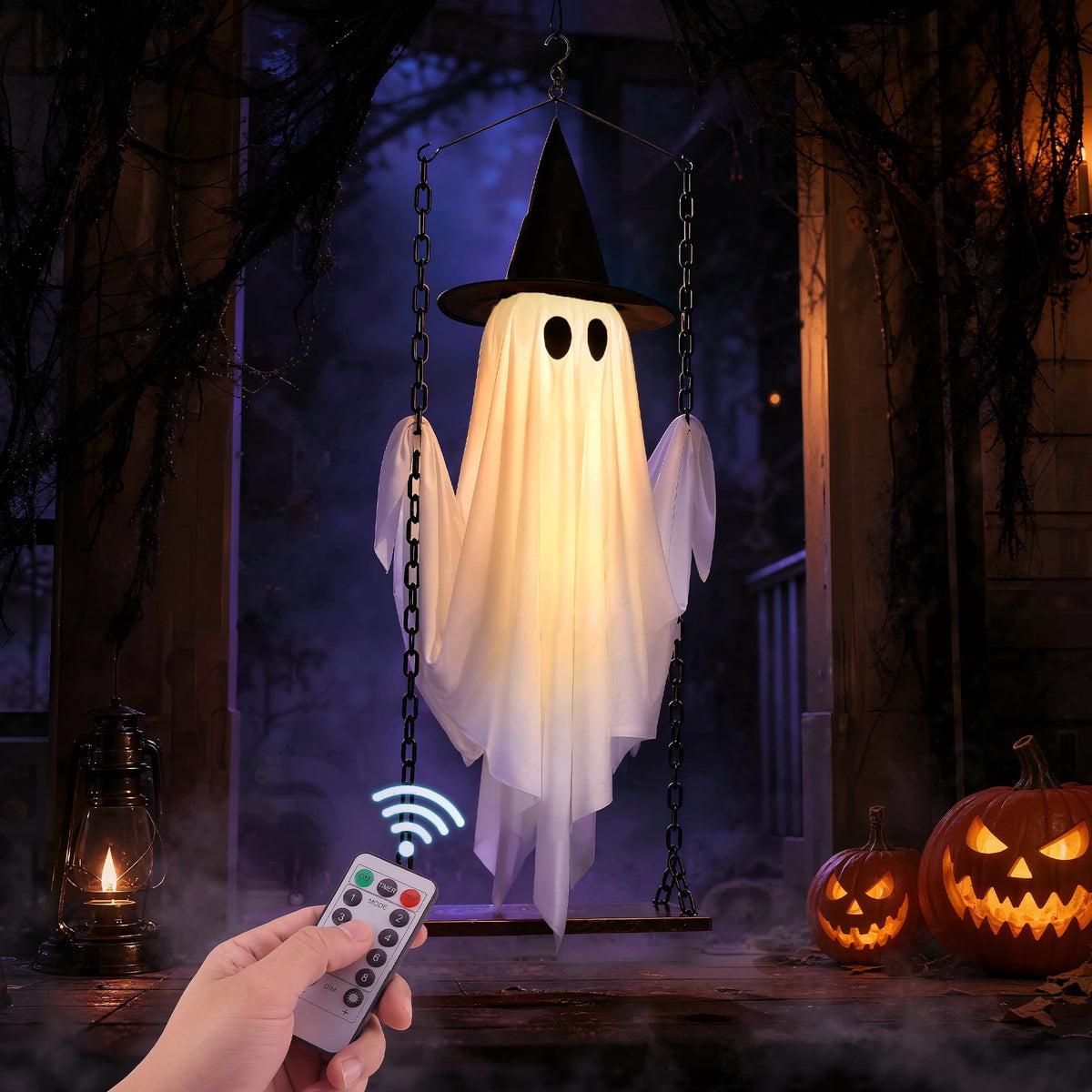 Witchwood™ Halloween Decorations Outdoor, Hanging Swing Ghosts with Lights Halloween Spooky Cute Ghosts Decor for Outside Home Front Porch Yard Lawn Tree