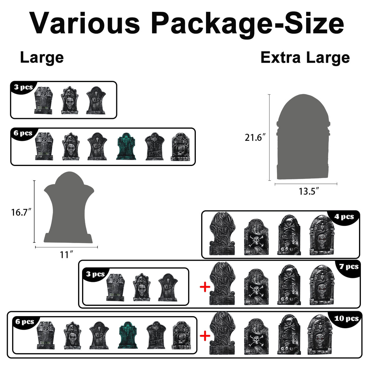 Witchwood™ Halloween Foam RIP Graveyard Tombstones, 7Pack(3 x L-Size + 4 x XL-Size) Foam Tombstone for Halloween Party Outdoor Decorations