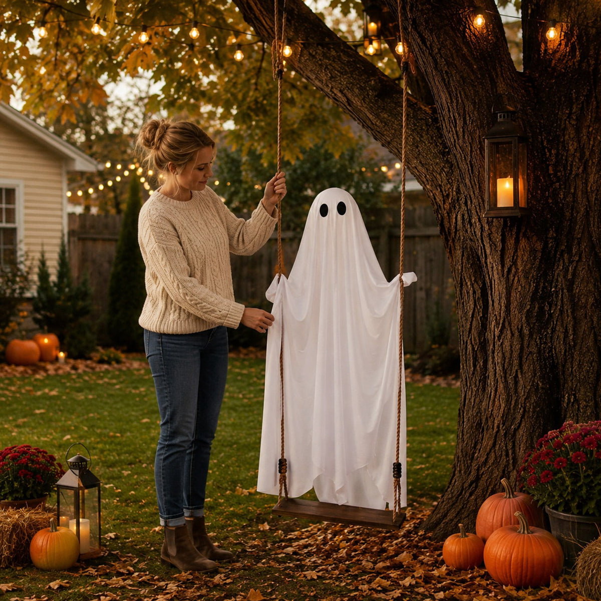 Witchwood™ Halloween 6 ft Hanging Swing Ghost with Remote Control and Lights, Outdoor Halloween Decorations, Outdoor Decor Spooky Cute Ghosts Decoration Flying Props for Tree Porch Yard Garden Lawn House