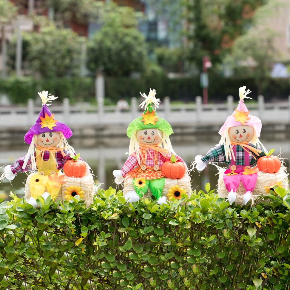 Witchwood™ Gardenised 18 Inch Sitting on Straw and Hay Bales Multicolor Trio Scarecrows for Halloween, Fall and All Time Season Garden Decor, Perfect to Add a Festive Touch to Your Lawn