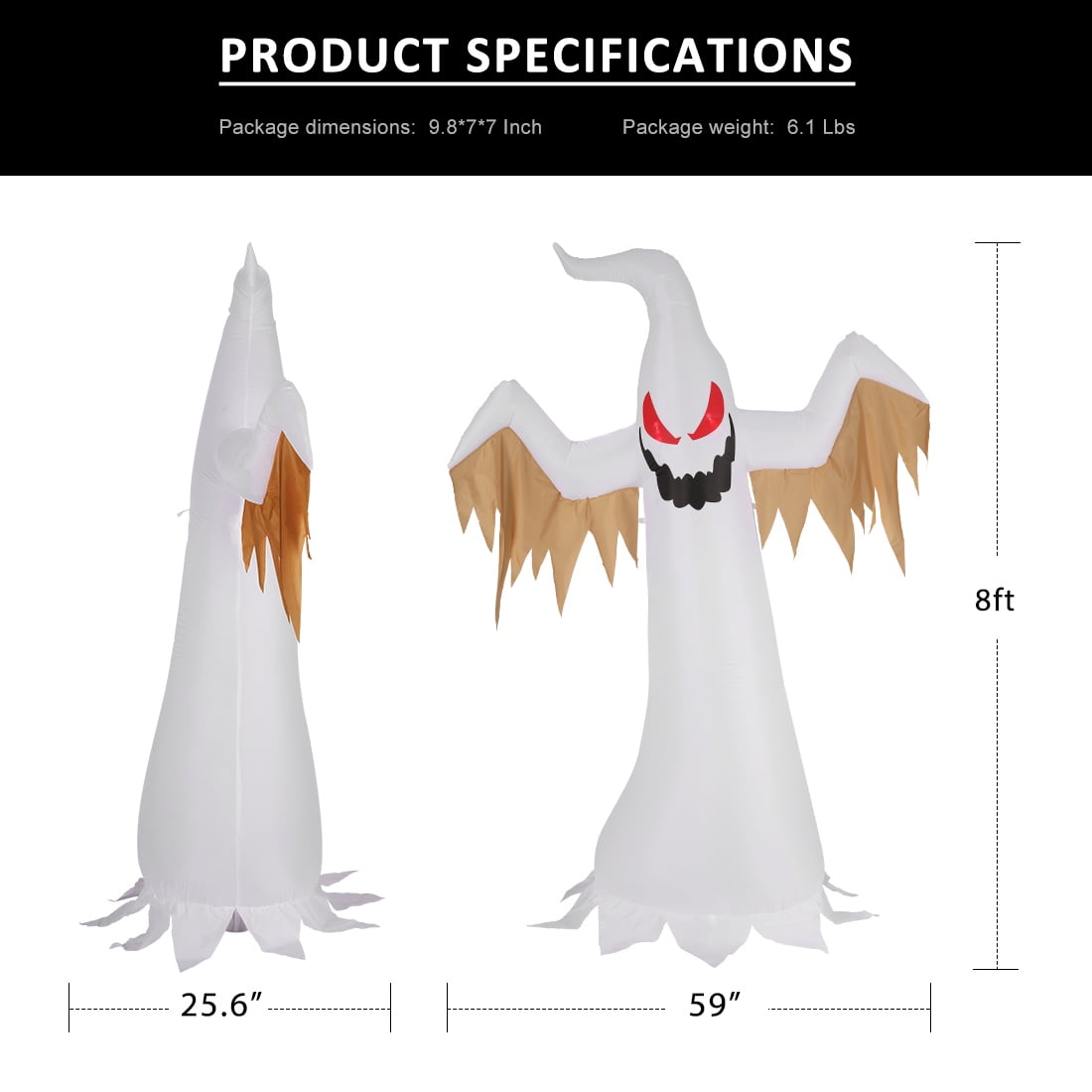 Witchwood™ VIVOHOME 8ft Height Halloween Inflatable White Ghost with Red Rotating Led Lights Blow up Outdoor Lawn Yard Decoration