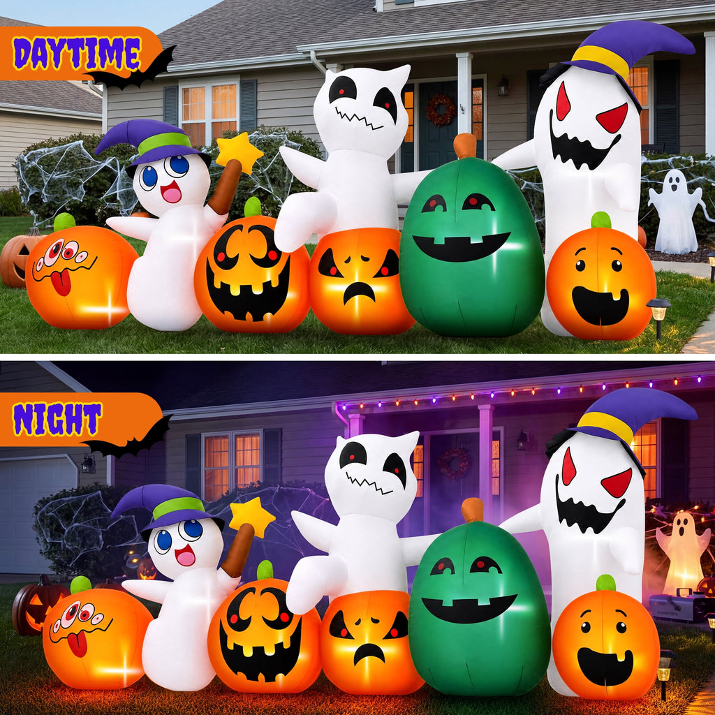Witchwood™ (2 pack) 7ft Long Halloween Inflatable with Lights,Pumpkin Ghost for Outdoor Decorations