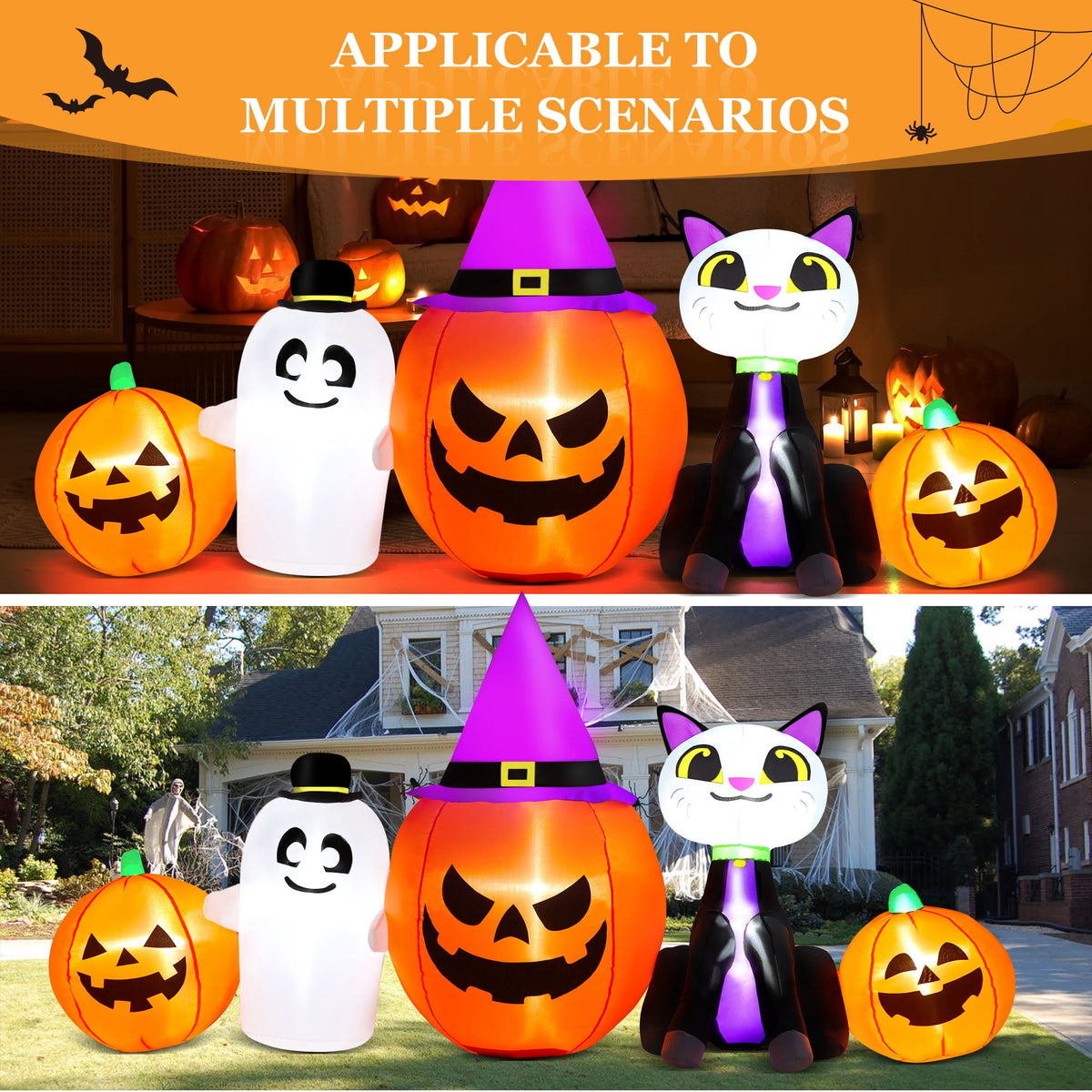 Witchwood™ 8ft Halloween Inflatable Pumpkins Outdoor Decor with Black Cat and Spectre,Built-in LED Lights,for Halloween Party,Yard,Garden,Lawn