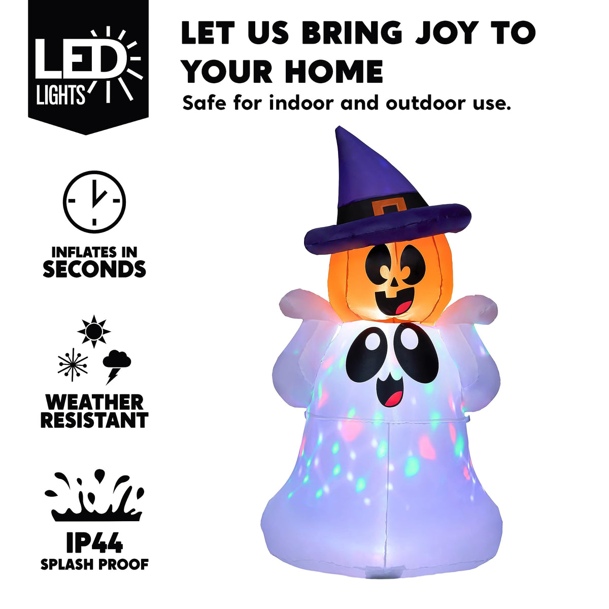 Witchwood™ 5Ft Halloween Inflatable Pumpkin Ghost with Colorful LED Lights,Halloween Blow Up Cute Decor for Indoor Outdoor Holiday Yard Decoration