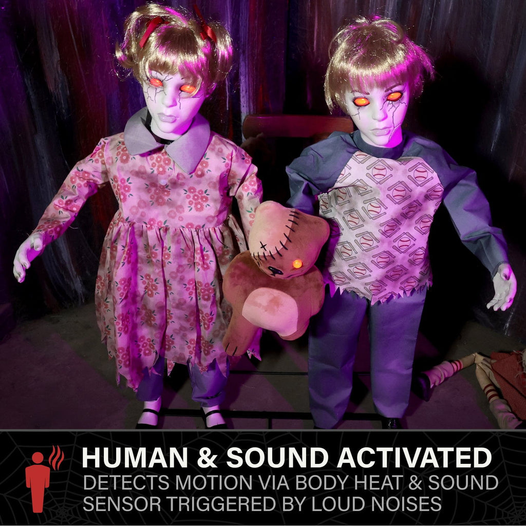 Witchwood™ Apocalypse Twins Halloween Animatronics with Red Eyes & Head Sync, 3-Ft
