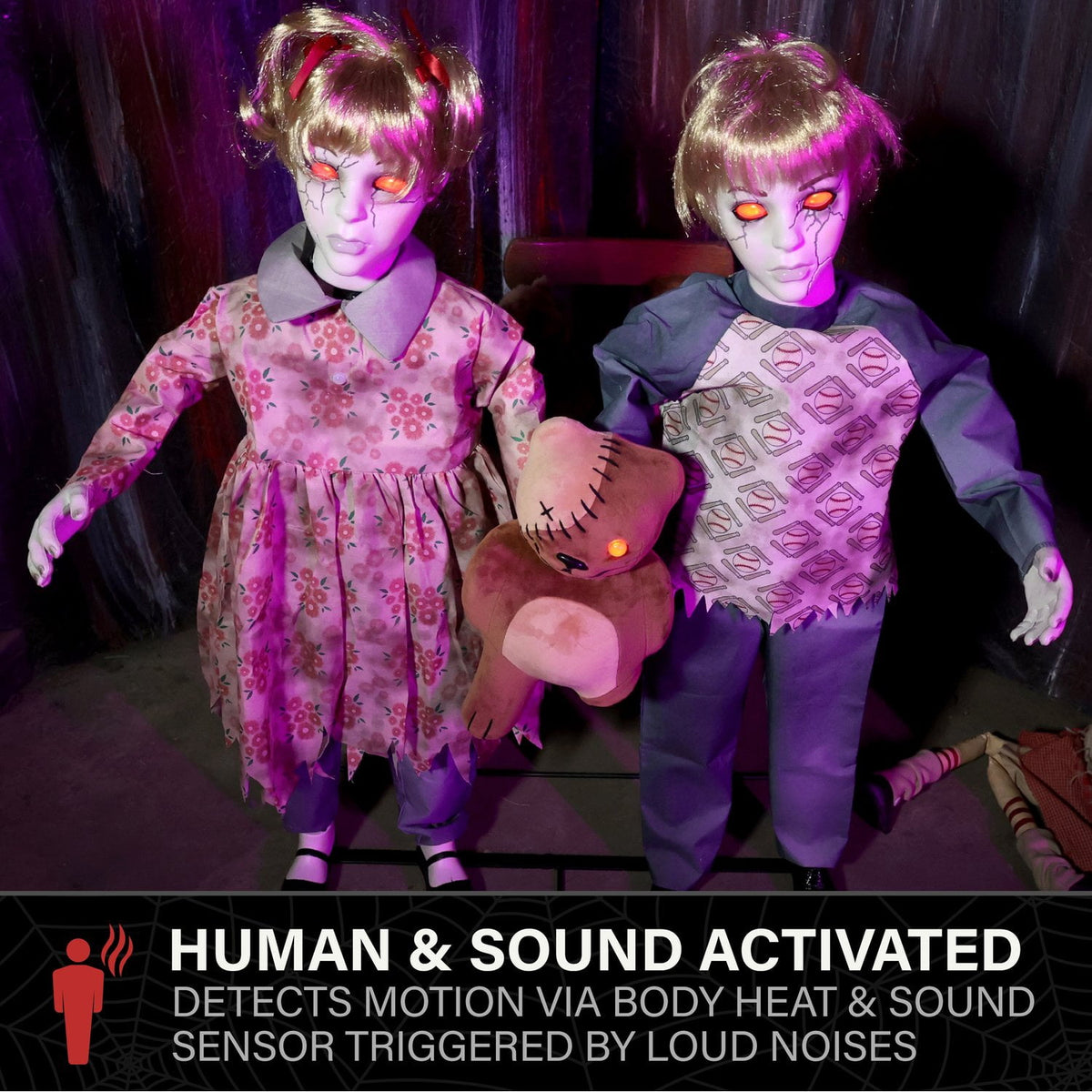 Witchwood™ Apocalypse Twins Halloween Animatronics with Red Eyes & Head Sync, 3-Ft