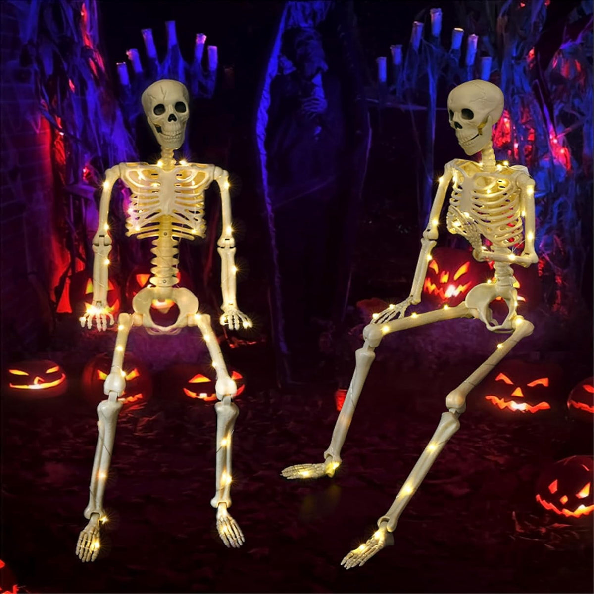 Witchwood™ 36" Full Body Skeleton Decoration,Halloween Posable Skeleton with Lights, Posable Joints Gothic Skeletons Decoration for Outdoor Indoor Yard Patio Haunted House,Light Up Spooky Party Props Decor