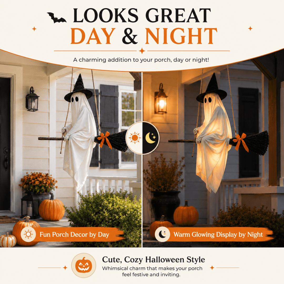 Witchwood™ LIGHTED HANGING GHOST WITCH HALLOWEEN DECORATION Floating White Ghost With Black Witch Hat Rustic Broom And Orange Bow Warm Glow