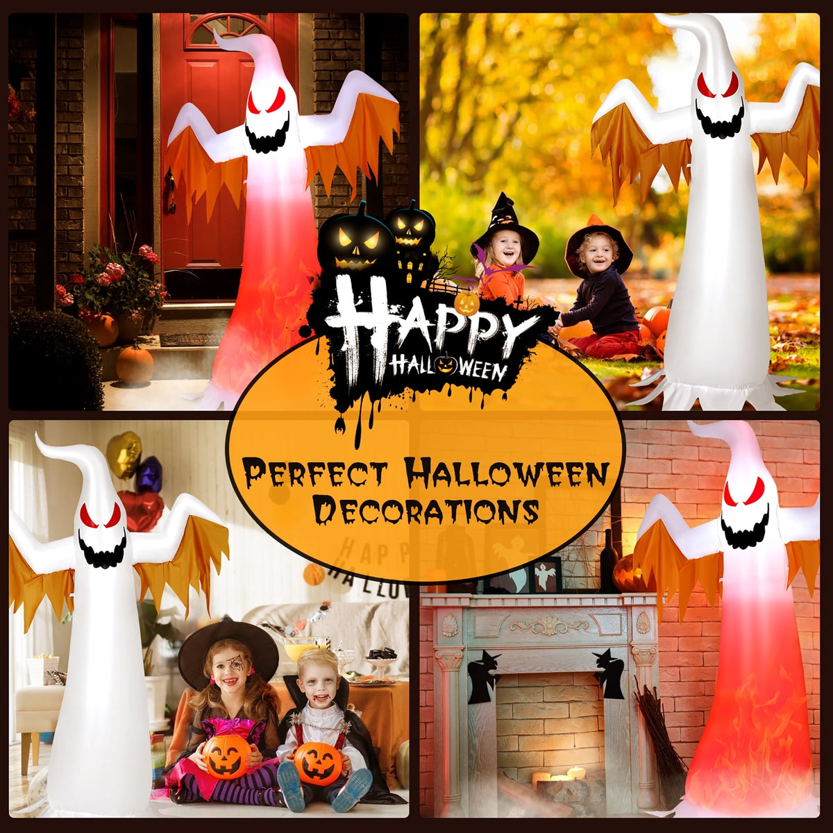 Witchwood™ Costway 8 FT Halloween Inflatable White Ghost with Rotatable Flame LED Lights