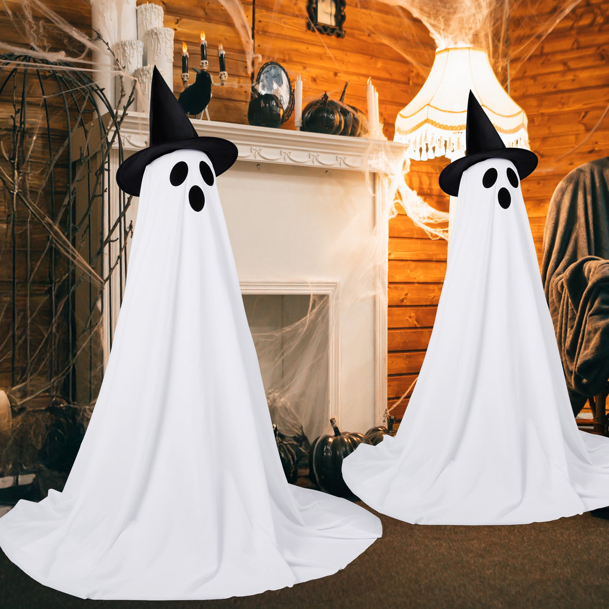 Witchwood™ 2 Packs Halloween Decorations Outdoor,Light Up Halloween Spooky Standing Ghost with Witch Hat,Scary Ghosts Decor with LED Lights for Front Porche Yard Garden Home