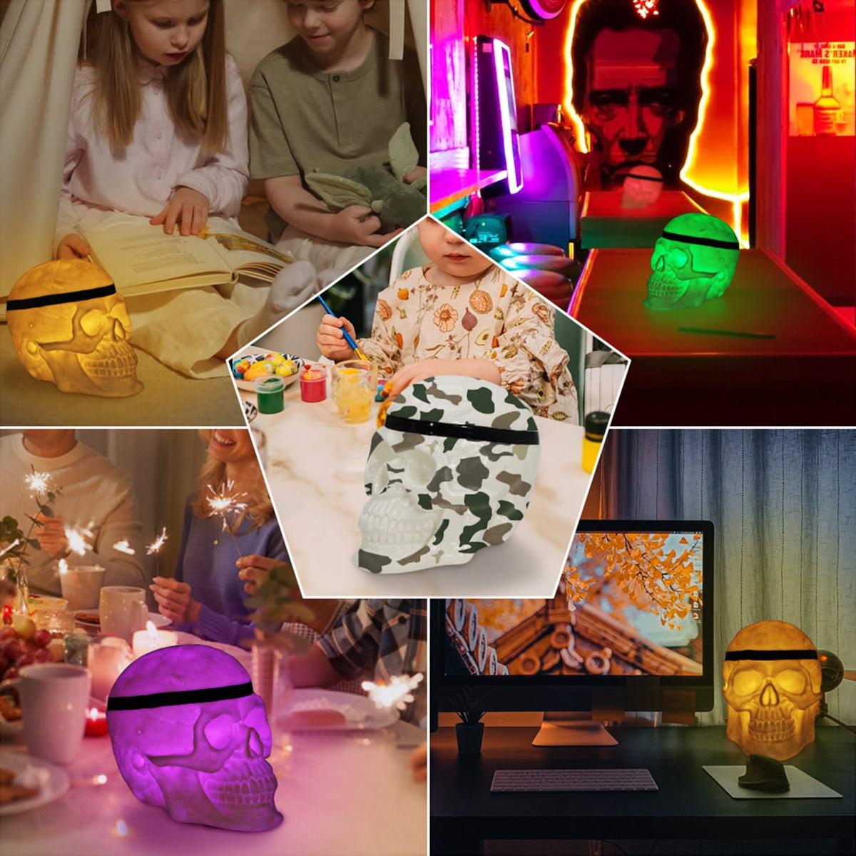 Witchwood™ Postlucky 7.5" 8-Color Dimmable LED Skull Light, Halloween Outdoor Skeleton Decor Lamp, 3 AA Battery Powered, Black Strip Accessory