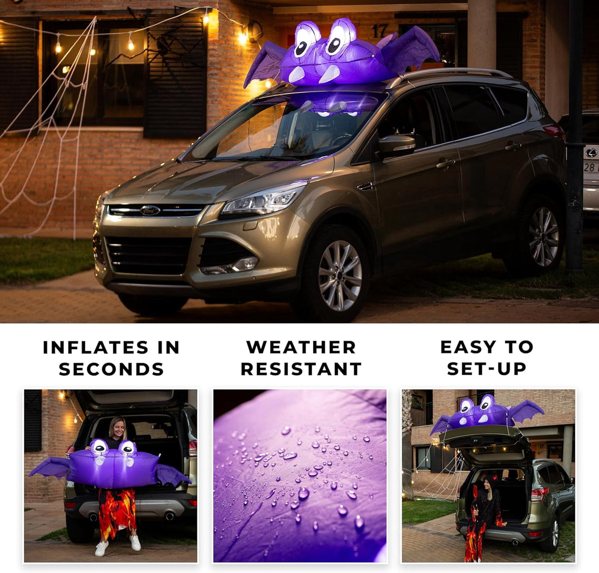 Witchwood™ Zone Tech 6 FT Inflatable Bat Car Trunk Decor with Built-in LEDs, Blow Up Decoration for Halloween (1-Pack)