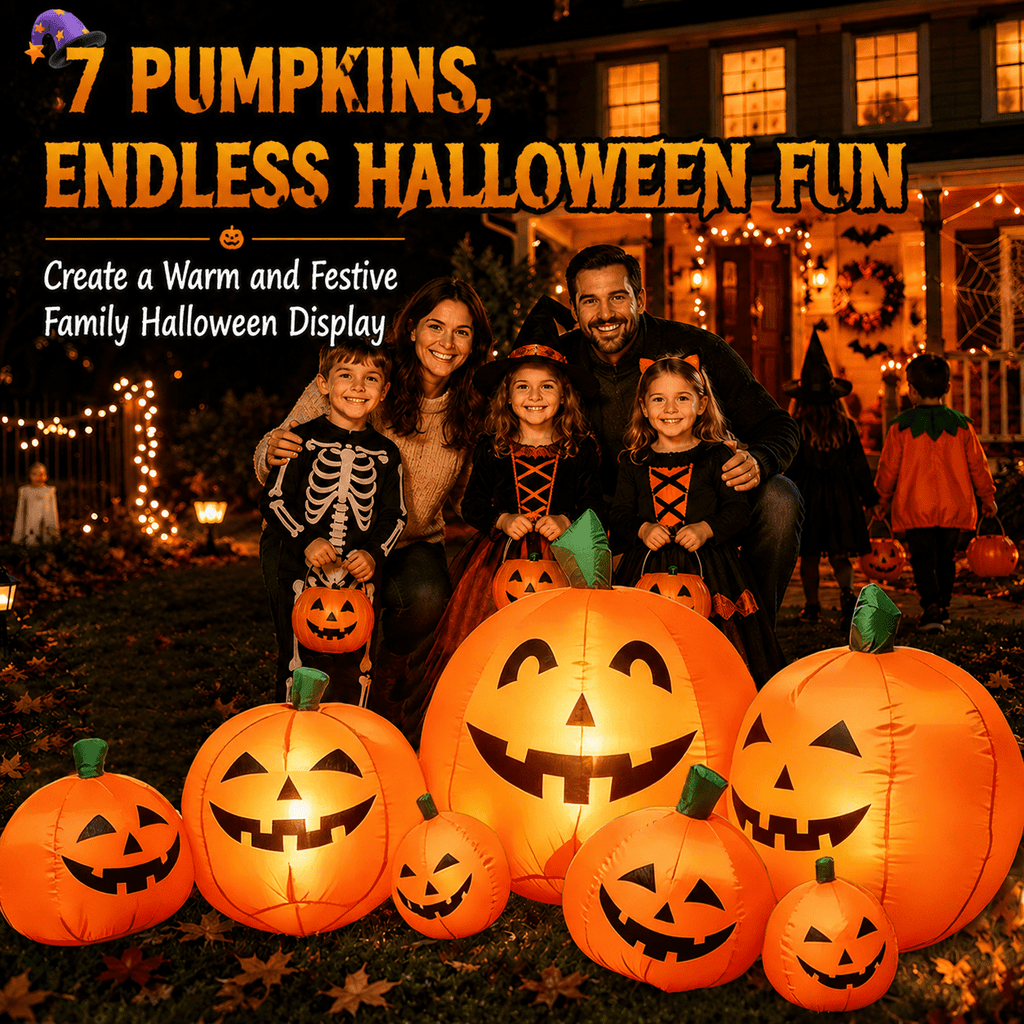 Witchwood™ 7.5 FT Long Halloween Inflatables Pumpkin Family Lighted,7 Pumpkins Blow Up Yard Decoration, Built-in LEDs, Stakes & Tethers Included for Outdoor Lawn Garden Halloween Decor