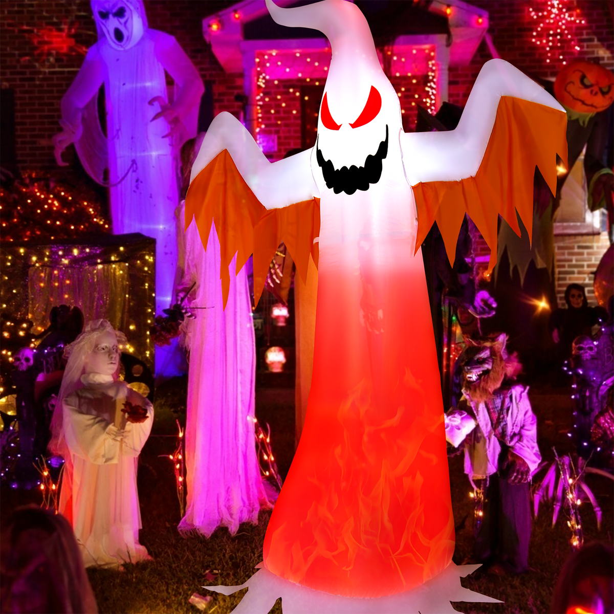 Witchwood™ Costway 8 FT Halloween Inflatable White Ghost with Rotatable Flame LED Lights